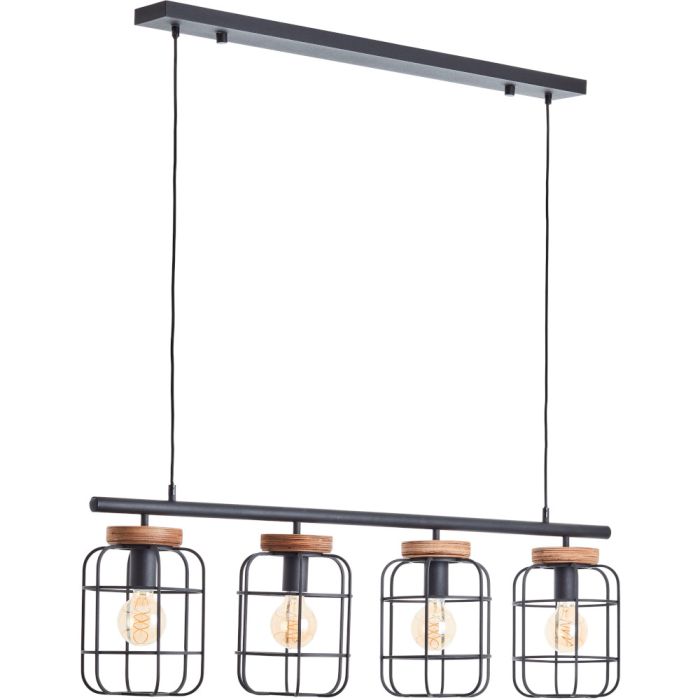 Brilliant Gwen 99798/66 brandende industriele hanglamp met zwarte plafondbalk en vier kappen van stalen spijlen en een houten plaat aan een zwarte stang