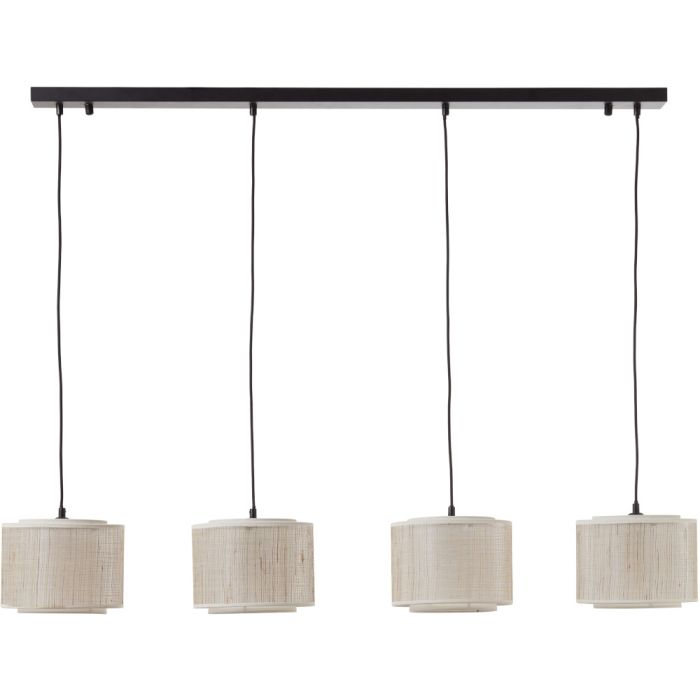 Brilliant Odar 99482/09 hanglamp met zwarte plafondbalk en vier pendels met dubbele kap van beige textiel en papier