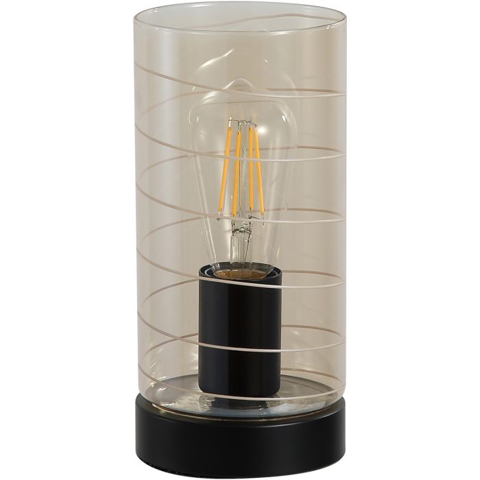 Searchlight Broughton tafellamp met zwarte voet en amberkleurig cilindervormig glas met een spiraaldraad erdoor