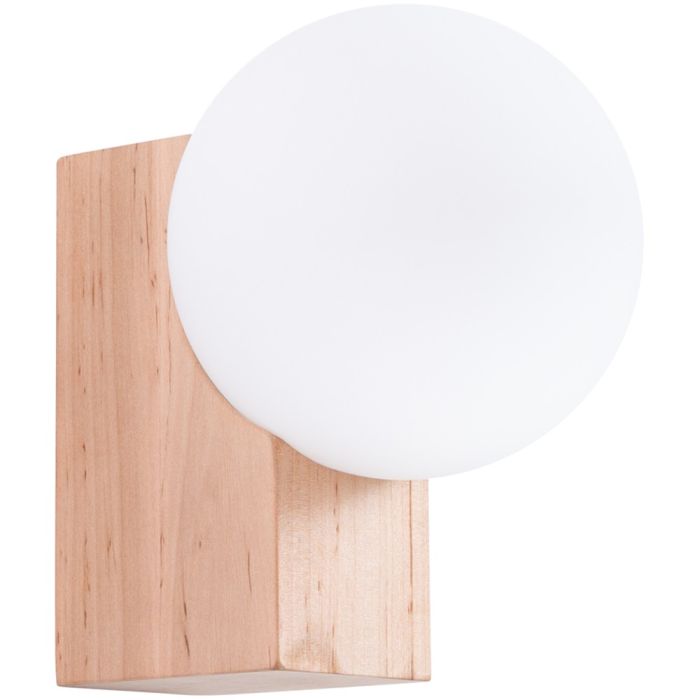 Sollux Bulbo rechthoekige houten wandlamp met wit bolvormig glazen kap van 12 cm in diameter