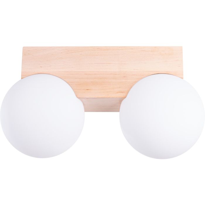 Sollux Bulbo rechthoekige houten plafondlamp met twee wit bolvormig glazen kappen van 12 cm in diameter