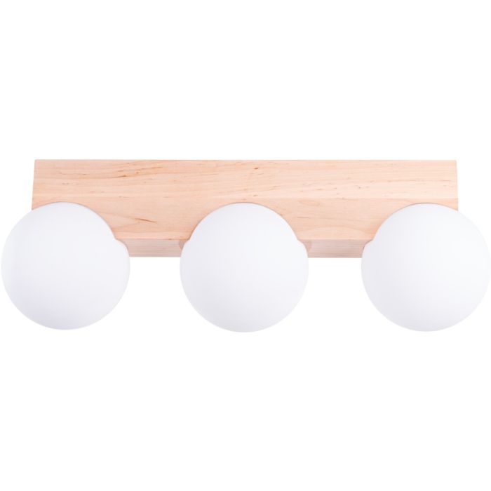 Sollux Bulbo rechthoekige houten plafondlamp van 46 cm lang met drie wit bolvormig glazen kappen van 12 cm in diameter