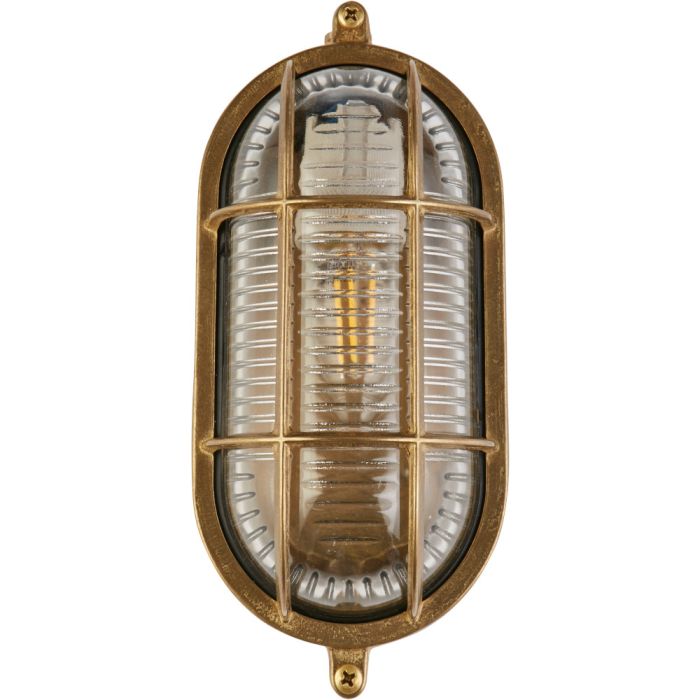 Searchlight Bulkhead 20361PB messing ovale buitenlamp met rooster over ribbelglas