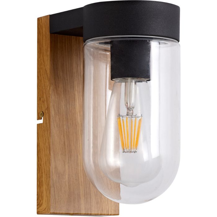 Brilliant Cabar 96372/76 wandlamp voor buiten met een houten wandplaat en zwarte bovenzijde en helder glazen kap voor om de lichtbron