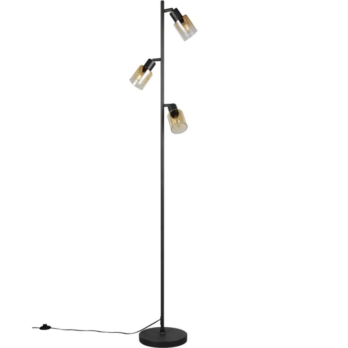 Reality Cadiz zwarte vloerlamp van 154 cm hoog met drie spotjes van amberkleurig glas