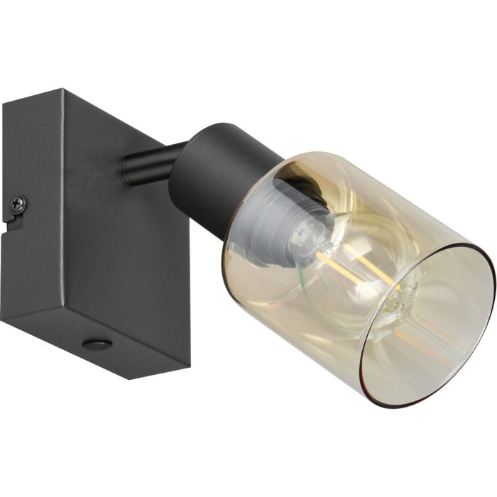 Reality Cadiz zwarte spot van 15 cm hoog met amber glazen kapje en kogellampje