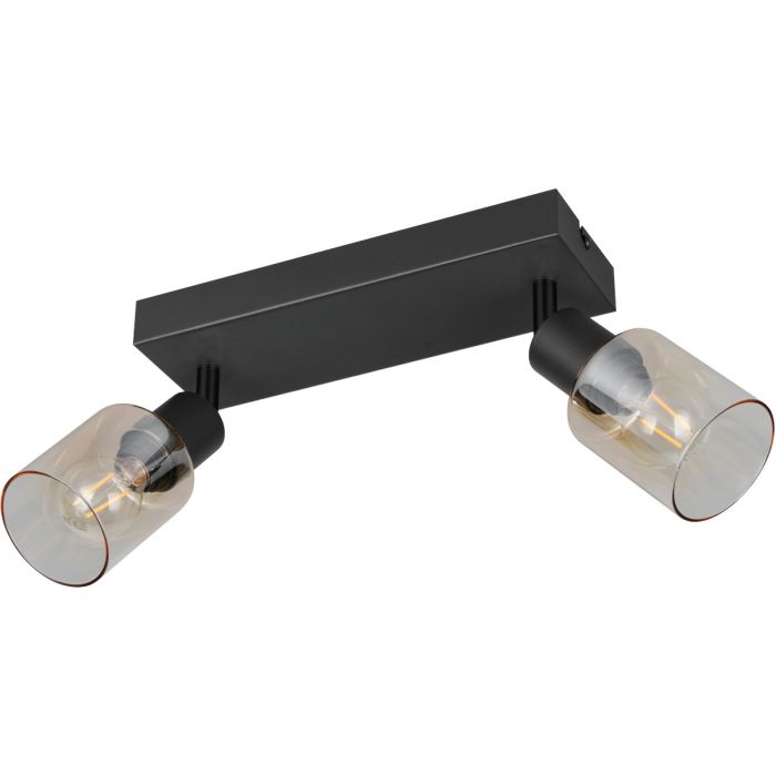 Reality Cadiz zwarte plafondspot van 27,5 cm lang met twee spotjes met amber glazen kapjes
