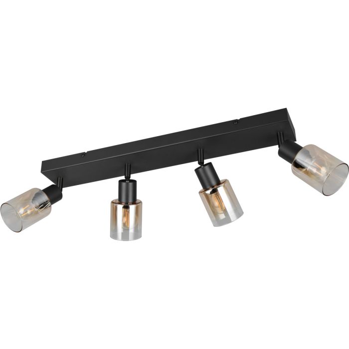 Reality Cadiz zwarte plafondspot van 58,5 cm lang met vier spotjes met amber glazen kapje en kogellampje