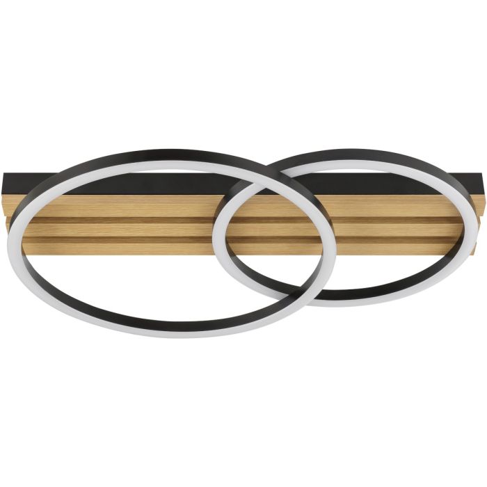 Brilliant Calma zwarte plafonnière met een lengte van 54 cm  bestaande uit een rechthoekige plafondbalk met drie houten latten en twee zwart metalen cirkels met geïntegreerde LED