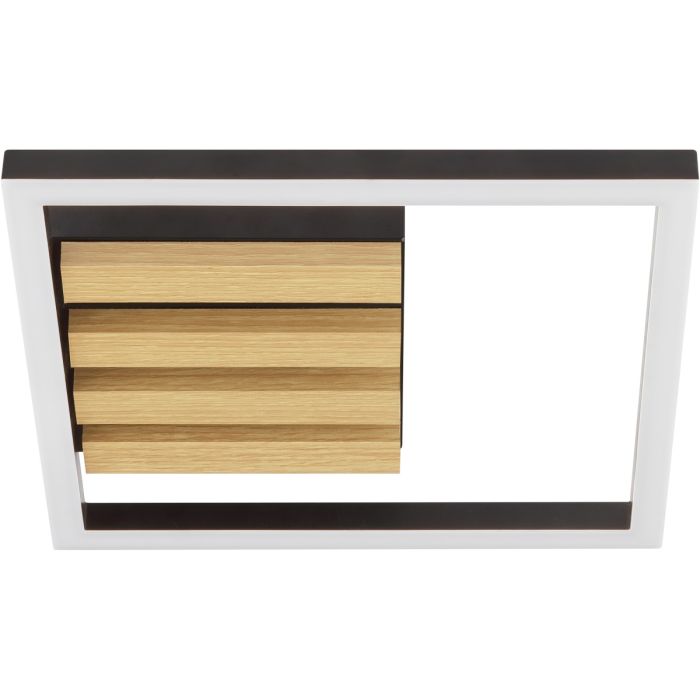 Brilliant Calma zwarte plafonnière met een doorsnede van 27,5 cm  bestaande uit een vierkante plafondplaat met vier houten latten en vierkant zwart metalen frame met geïntegreerde LED eromheen