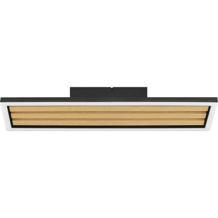 Brilliant Calma zwarte plafonnière met een lengte van 55 cm  bestaande uit een rechthoekige plaat met drie houten latten en rechthoekig zwart metalen frame eromheen met geïntegreerde LED