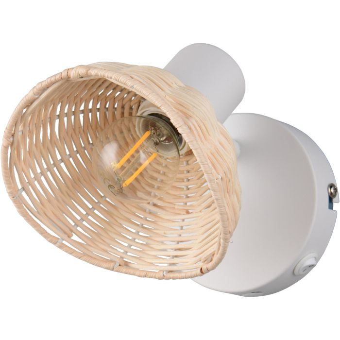Casalum Calvi wit wandspotje met kapje met een diameter van 13cm van rotan en kiepschakelaar op het wandplaatje