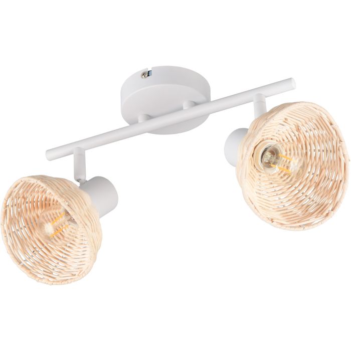 Casalum Calvi wite plafondspot van 40cm lang met twee kapjes met een diameter van 13cm van rotan