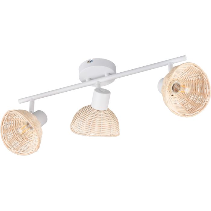 Casalum Calvi wite plafondspot van 59cm lang met drie kapjes met een diameter van 13cm van rotan
