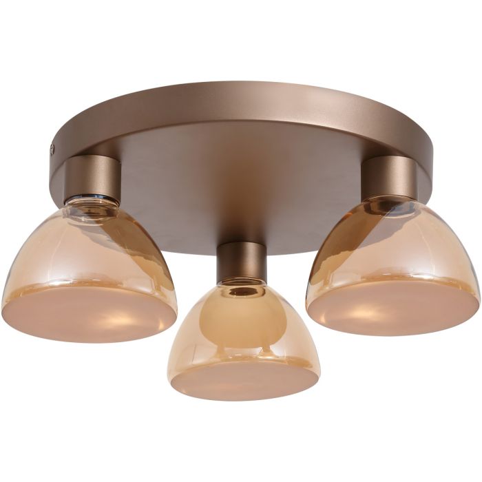 Searchlight Cannes plafondlamp van 42cm in diameter met koffiebruine plafondplaat en drie amber glazen schaalvormige kapjes