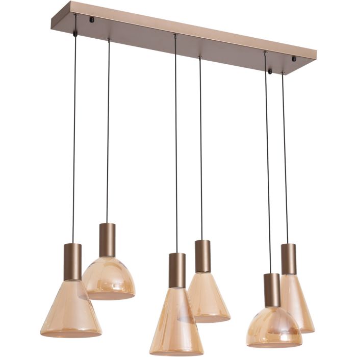 Searchlight Cannes hanglamp van 96cm in lang met koffiebruine plafondbalk en zes amber glazen kapjes in kegel en schaalvorm
