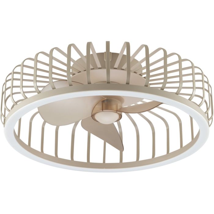 Brilliant Capo beige plafondventilator met een diameter van 48cm met een kap van beige metalen latjes en een LED rand rond de ventilator