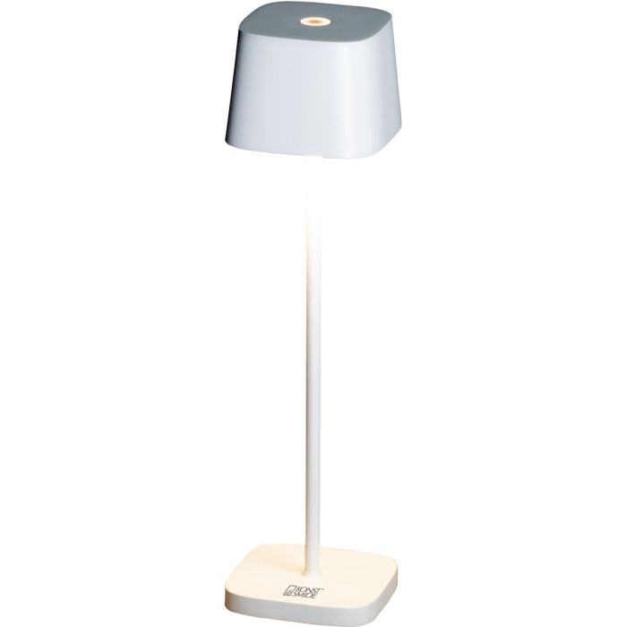 Konstsmide Capri witte oplaadbare aluminium tafellamp voor buiten van 25 cm hoog met een vierkant kapje met touch dimmer