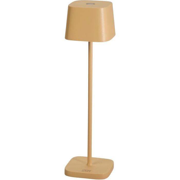 Konstsmide Capri zandkleurige oplaadbare aluminium tafellamp voor buiten van 25 cm hoog met een vierkant kapje met touch dimmer
