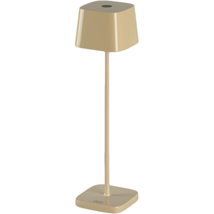 Konstsmide Capri glossy gebroken witte oplaadbare aluminium tafellamp voor buiten van 25 cm hoog met een vierkant kapje met touch dimmer