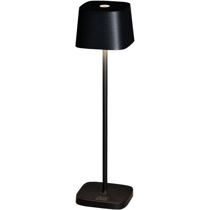 Konstsmide Capri zwarte oplaadbare aluminium tafellamp voor buiten van 25 cm hoog met een vierkant kapje met touch dimmer