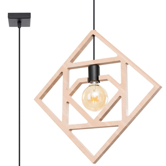 Closeup van Sollux Caro hanglamp van hout van 50 bij 8 cm met een E27 filament LED lamp in het midden