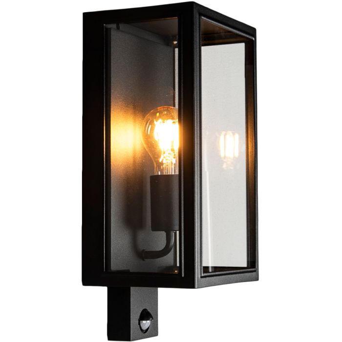 Konstsmide Carpi zwarte rechthoekige wandlamp voor buiten van 36,5 cm hoog met transparante ruitjes en een brandend peertje