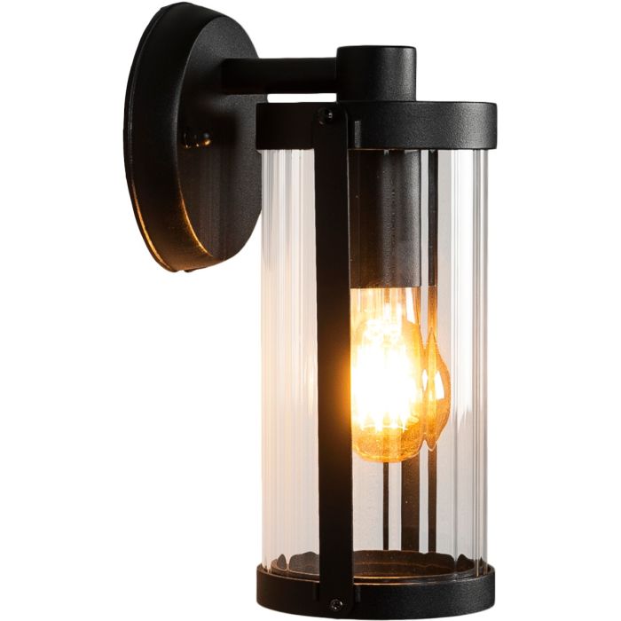 Konstsmide Catania zwarte wandlamp van 27 cm hoog met geribbeld glazen hangende cilindervormige lantaarn