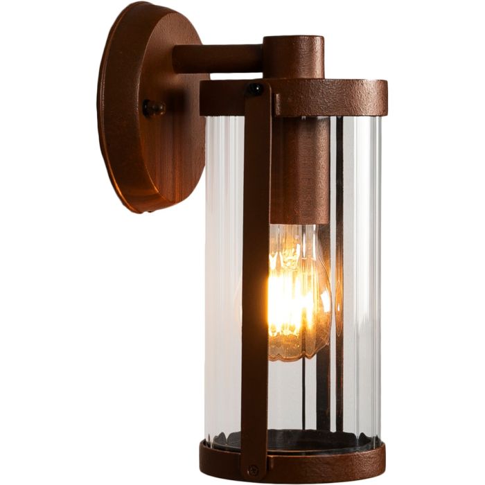 Konstsmide Catania roestbruine wandlamp van 27 cm hoog met geribbeld glazen hangende cilindervormige lantaarn