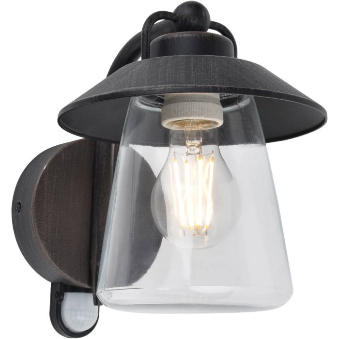 Lutec Cate antiek bruin zwarte wandlamp voor buiten van 22cm hoog met hangende lantaarn van transparant kegelvormig glas