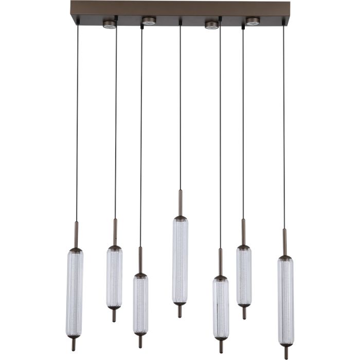 Searchlight Cattail hanglamp met koffiebruine langwerpige plafondplaat met vier GU10 spotjes en zeven pendels met ovaal glazen kelken en geintegreerde LED