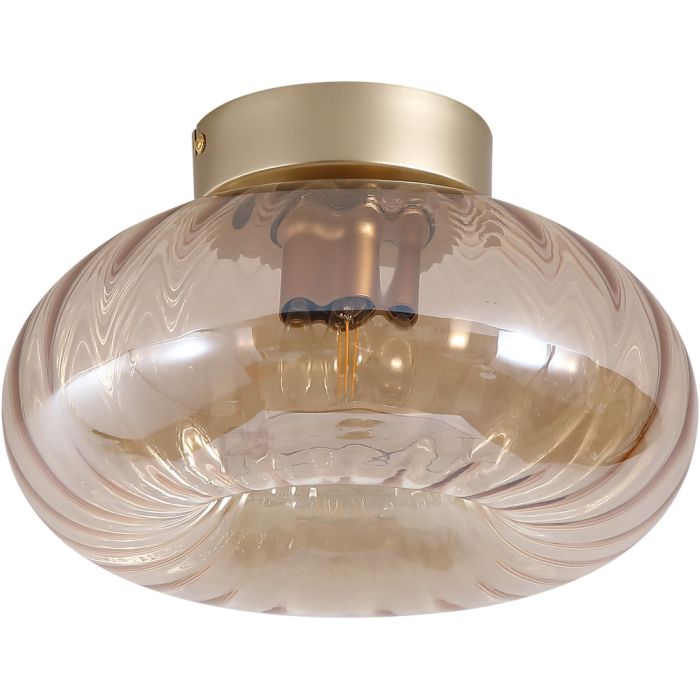 Searchlight Celestial 32156-28GO plafondlamp met goudkleurig plafondplaatje met 28cm grote kap van geribbeld amberkleurig glas
