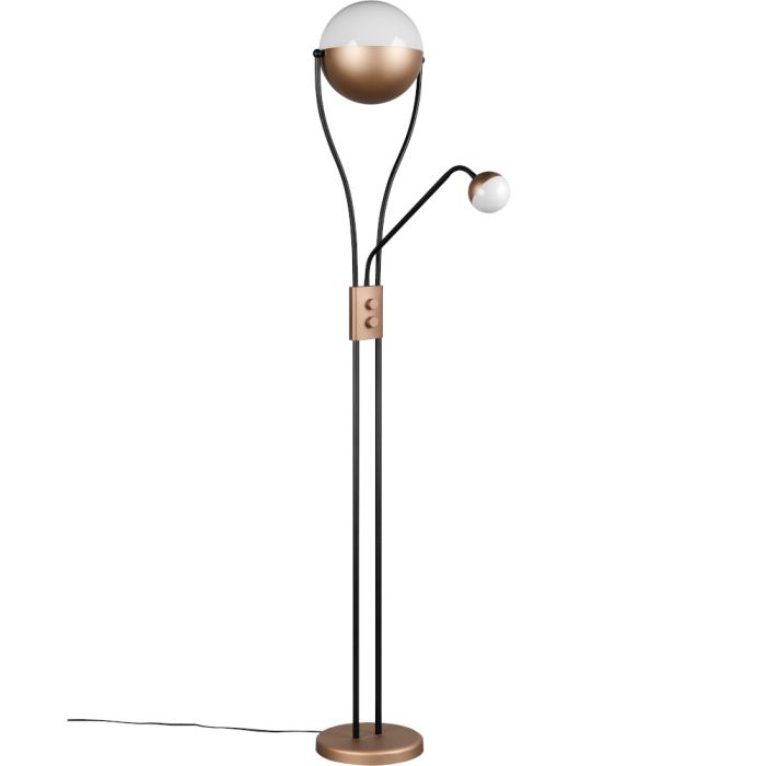 Trio Chris 478310265 koffiebruine bolvormige uplighter met bolvormige leeslamp. Beide bollen zijn voor de helft van wit kunststof. De lamp is voorzien van twee dimmers 