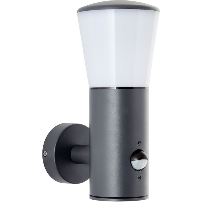 Brilliant Cliff 96476/63 antraciet grijze wandlamp voor buiten met kegelvormige wit kunststof opstaande kap en bewegingsmelder