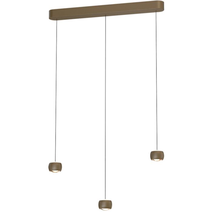 Freelight Cosmo brons-goudkleurige langwerpige hanglamp van 90cm met drie pendels met katrolsysteem voor de hoogte en elk een klein bolletje met geïntegreerde LED