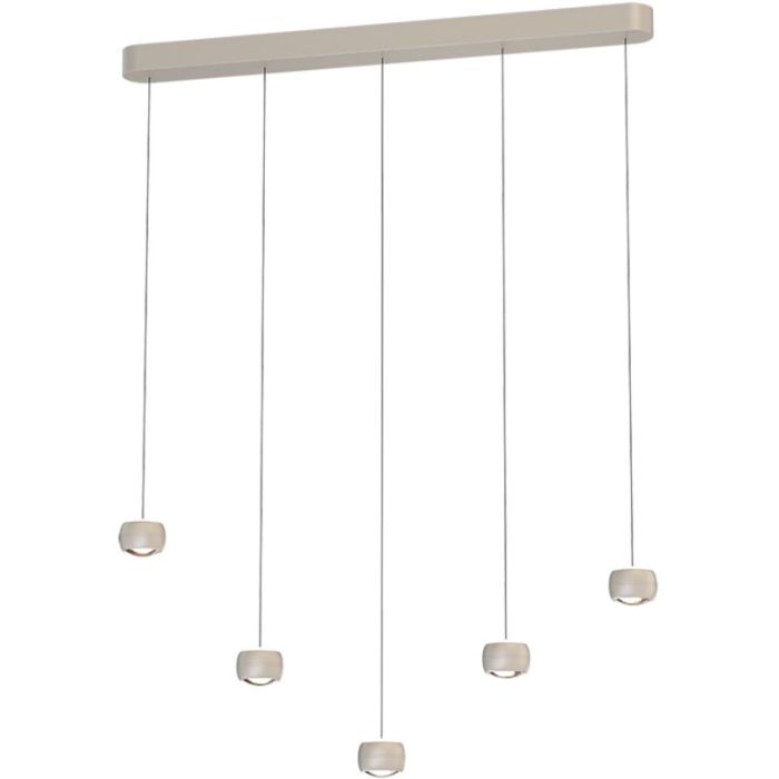 Freelight Cosmo creme kleurige langwerpige hanglamp van 90cm met vijf pendels met katrolsysteem voor de hoogte en elk een klein bolletje met geïntegreerde LED