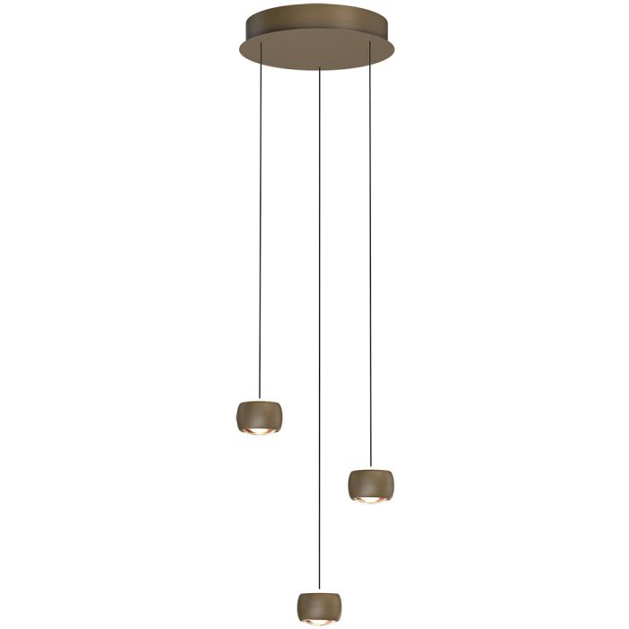 Freelight Cosmo brons-goudkleurige ronde hanglamp van 35cm in diameter met drie pendels met katrolsysteem voor de hoogte en elk een klein bolletje met geïntegreerde LED