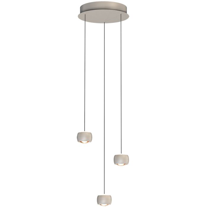 Freelight Cosmo creme kleurige ronde hanglamp van 35cm in diameter met drie pendels met katrolsysteem voor de hoogte en elk een klein bolletje met geïntegreerde LED