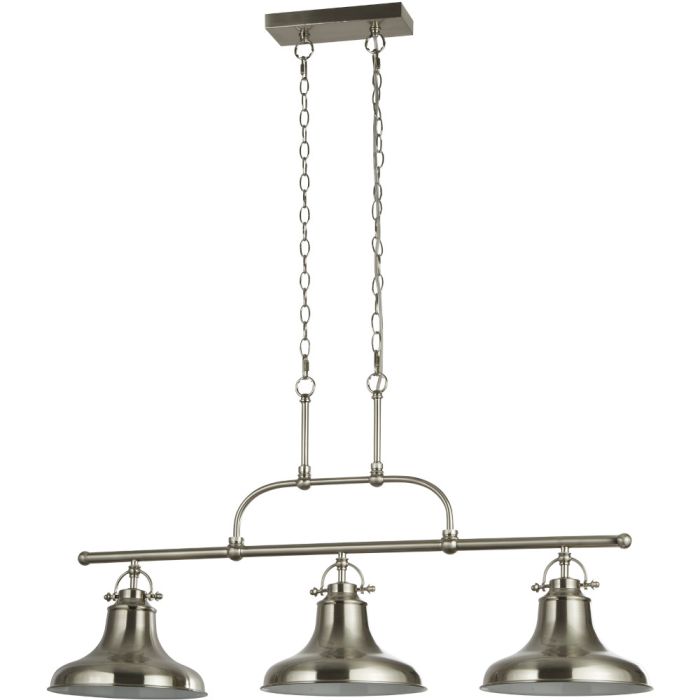 Searchlight Dallas 3193-3SS staal kleurige hanglamp met drie bel vormige metalen kappen aan een stang