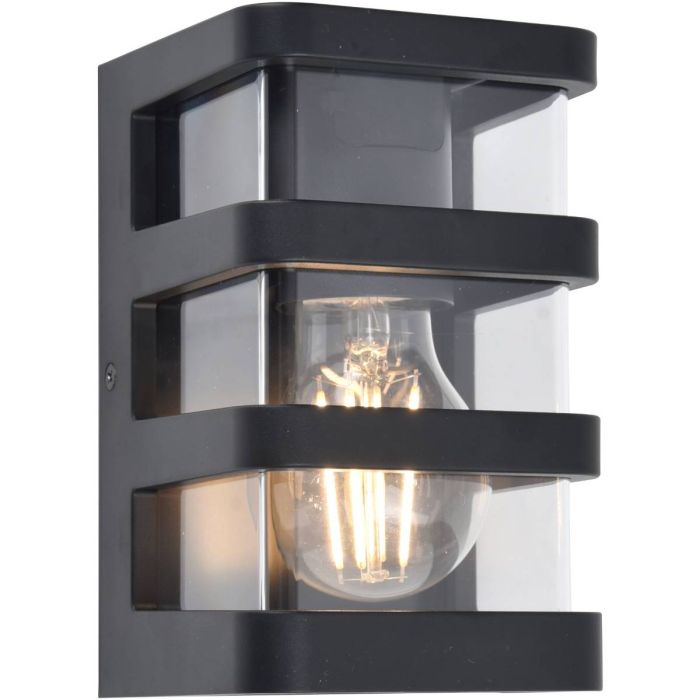 Lutec Dalton zwarte wandlamp voor buiten van 16,5 cm hoog met transparant kunststof en vier zwart kunststof balken eromheen