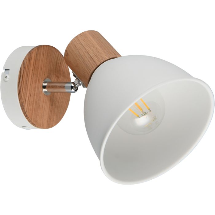 Casalum Delume witte spot van metaal met een diameter van 15 cm met houten fittinghouder en hout op het wandplaatje 