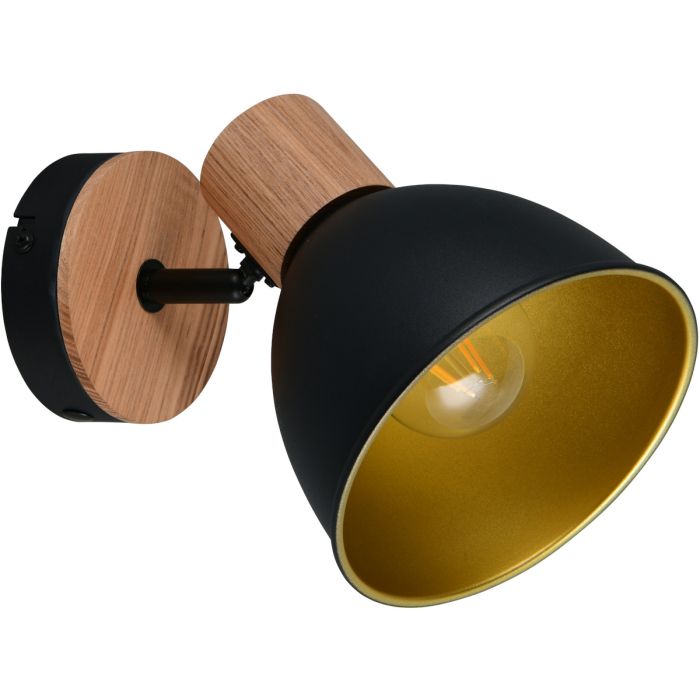 Casalum Delume zwarte spot met goudkleurige binnezijde van metaal met een diameter van 15 cm met houten fittinghouder en hout op het wandplaatje 