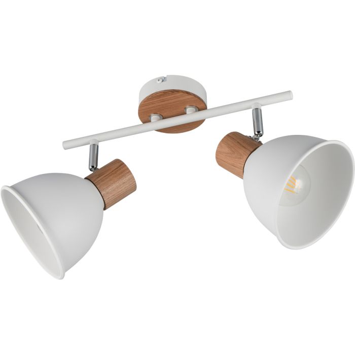 Casalum Delume witte plafondspot van metaal met een lengte van 49 cm, hout op het plafondplaatje en witte stang met twee witte spotjes van metaal met houten fittinghouder
