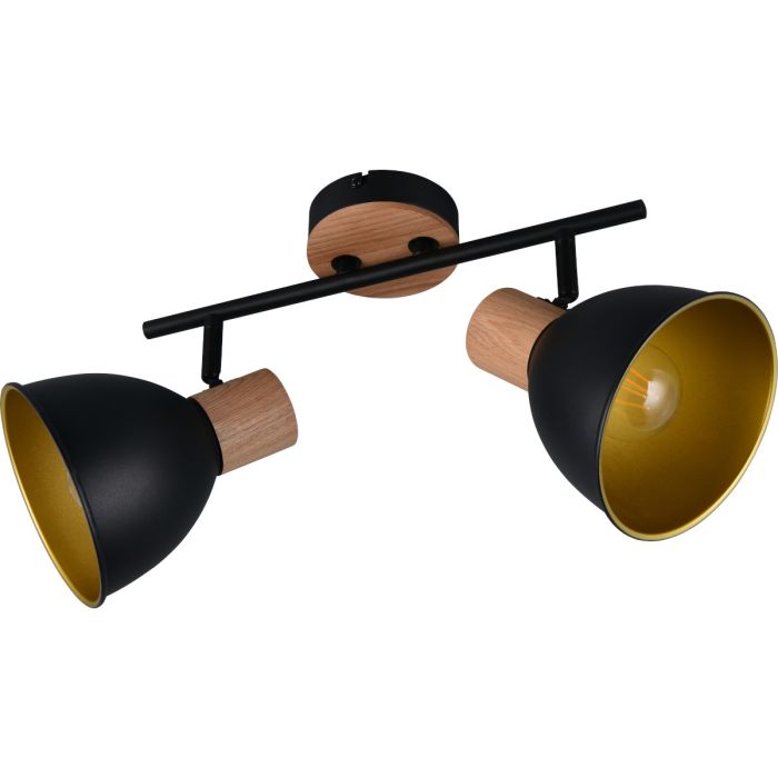 Casalum Delume zwarte plafondspot van metaal met een lengte van 49 cm, hout op het plafondplaatje en witte stang met twee zwart met goudkleurige spotjes van metaal met houten fittinghouder