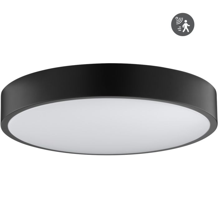 Brilliant Delvin zwarte plafonniere van 33 cm in diameter voorzien van een bewegingsmelder