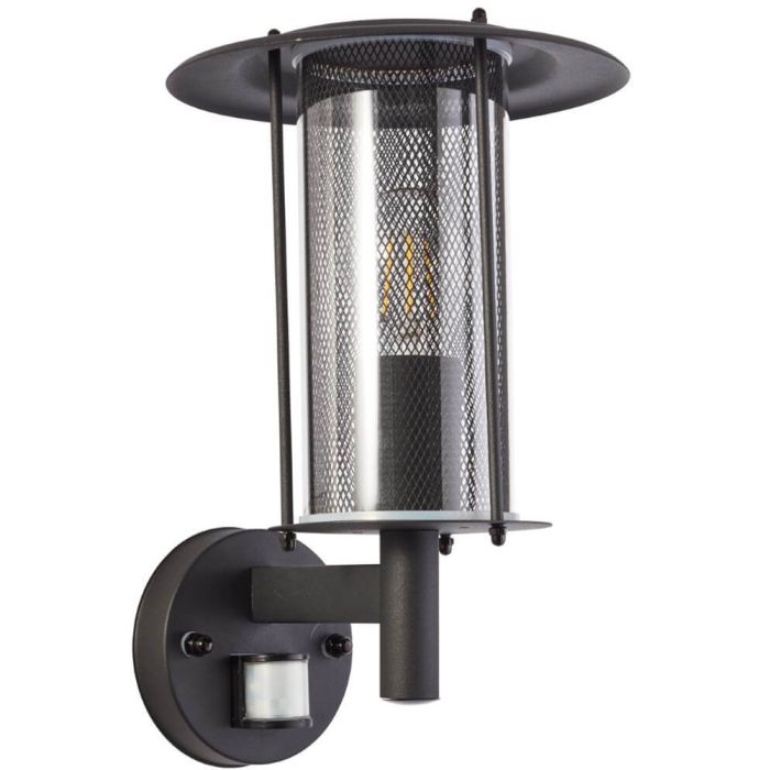 Brilliant Detroit 96463/76 zwarte wandlamp voor buiten met bewegingsmelder en met staande lantaarn en dubbele cilindervormige kap van zwart gaas en helder kunststof