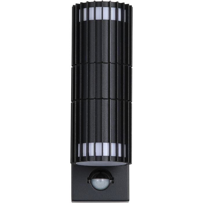Searchlight Detroit 37739BK zwarte wandlamp met bewegingsmelder en een cilindervormige spot naar boven en beneden met lamellen aan de zijkant