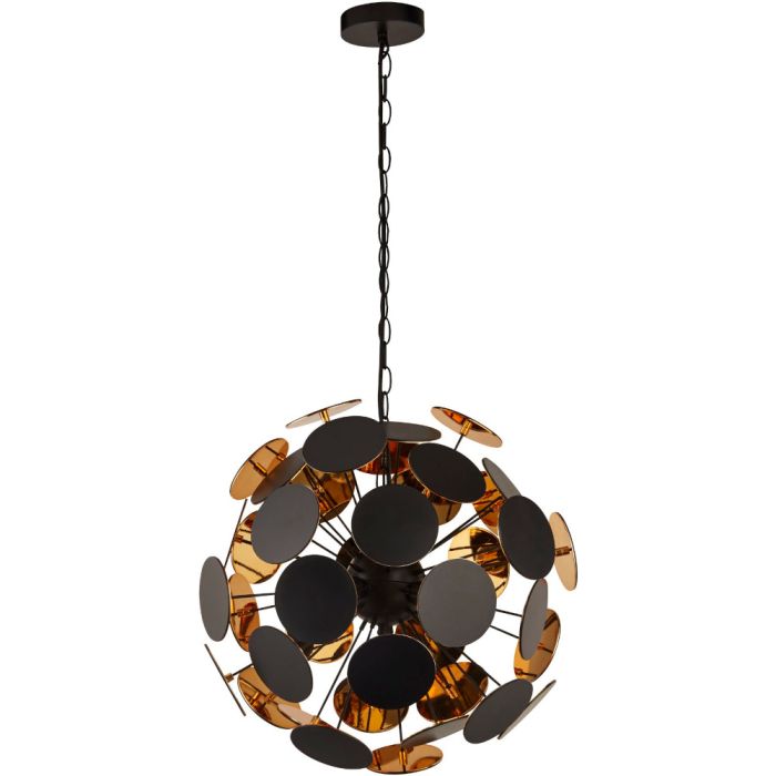 Searchlight Discus 3074-4BG bolvormige hanglamp met zwarte schijfjes met goudkleurige binnenzijde aan zwarte staafjes