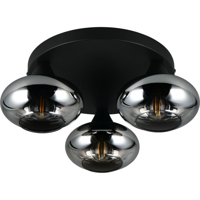 Reality Divina zwarte plafonniere met een diameter van 39 cm en drie rookglazen kapjes