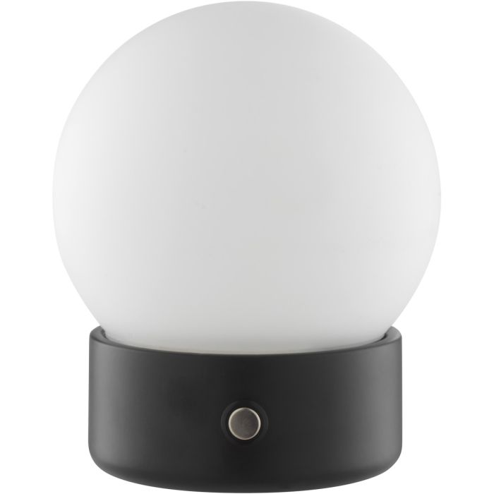 Brilliant Dori zwarte oplaadbare tafellamp van 12,8 cm hoog en 10,5 cm in diameter met bolvormige wit glazen kap